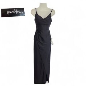 NWT Speechless Black V-Neck Ruched Draped Front Slit Maxi Gown Dress Sz 1 Small